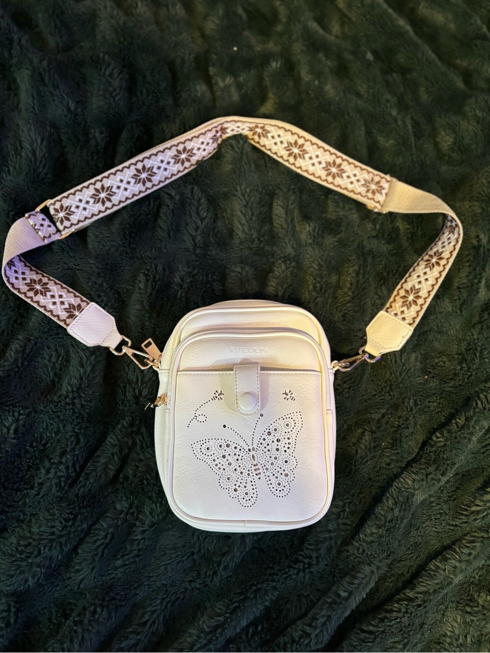 White Butterfly Crossbody Bag with Embroidered Strap